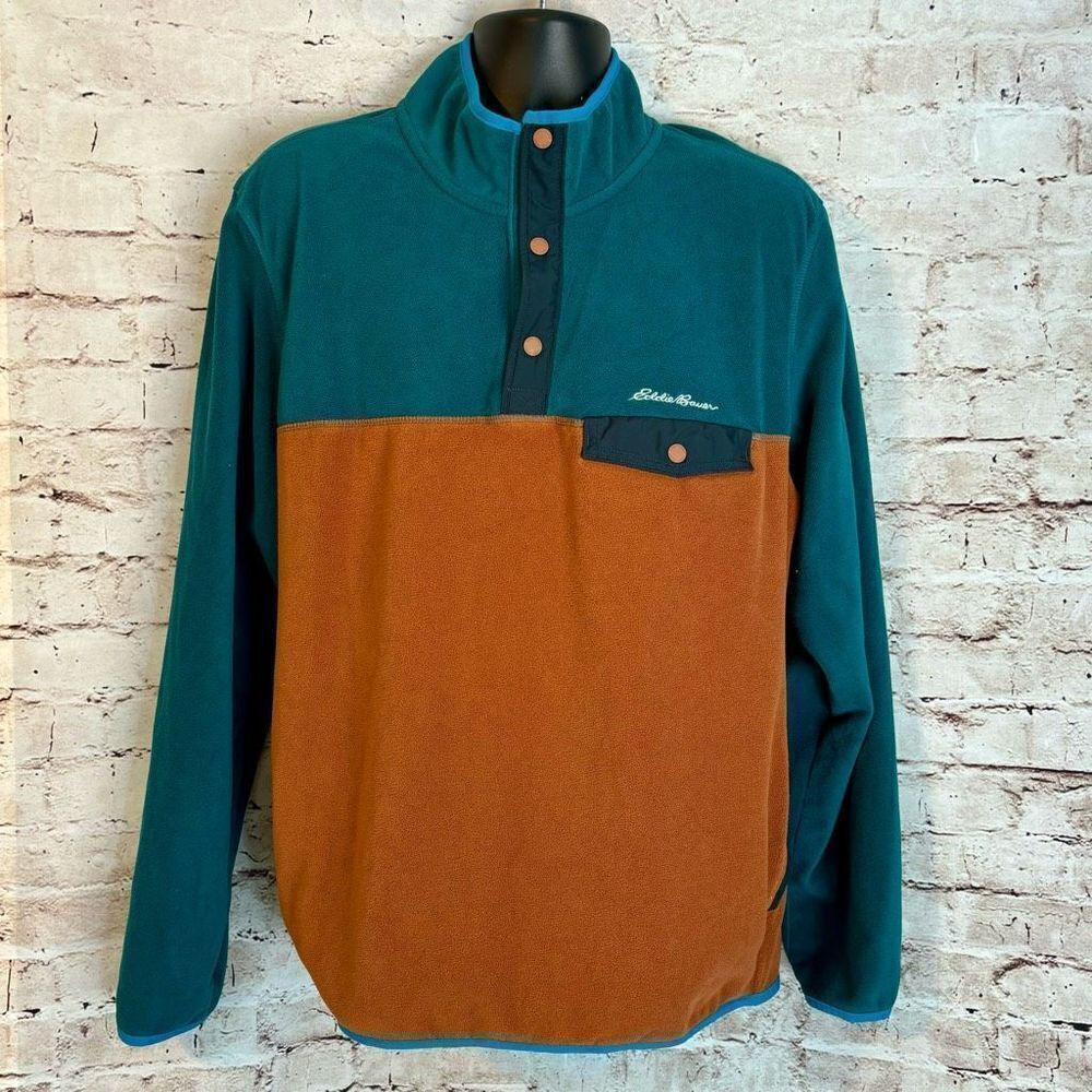 Eddie Bauer Chutes T-Snap Mock Pullover Fleece Green Brown Colorblock Size XL